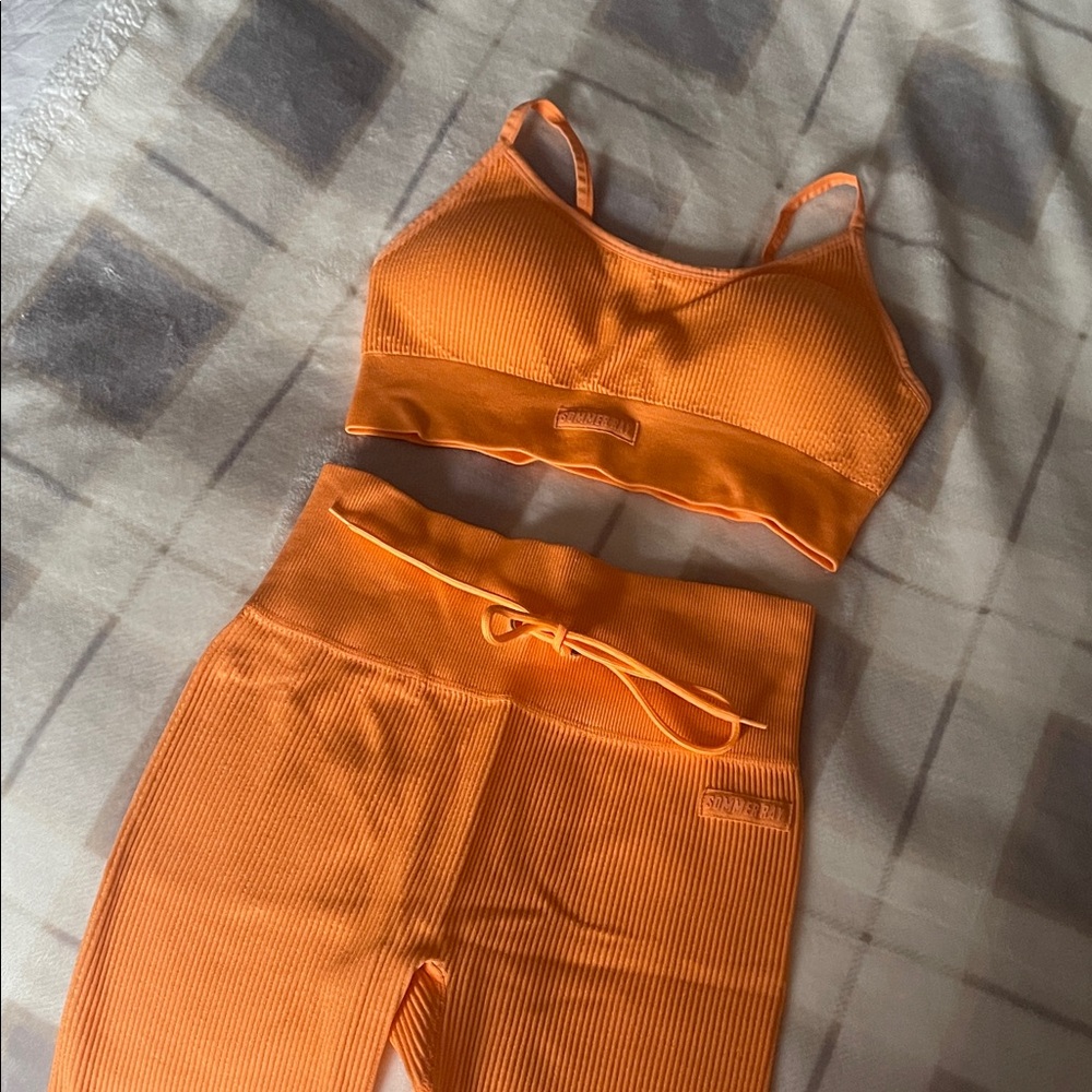 Orange Ribbed Sports Bra and Shorts Set